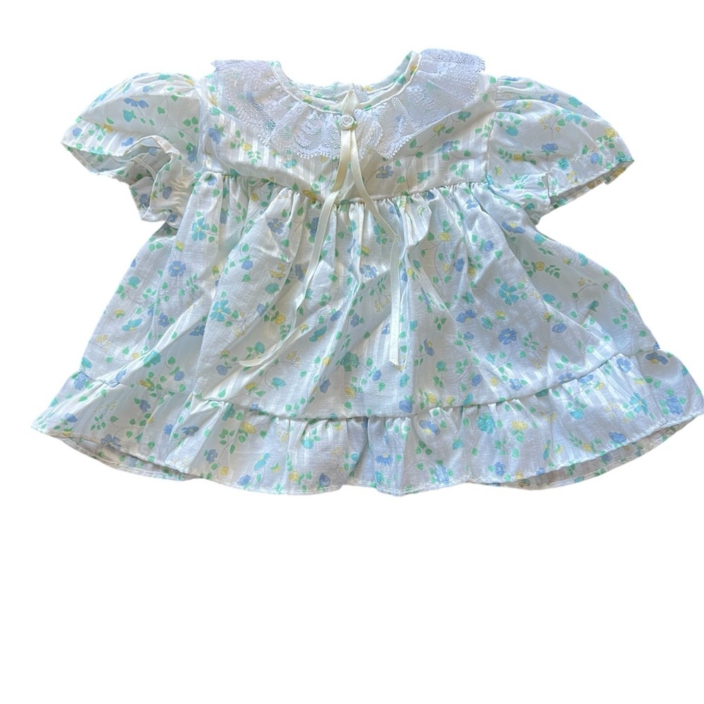 Vintage 80s Cutest One Baby Girl Floral Lace Trim Dress Size 12 Months